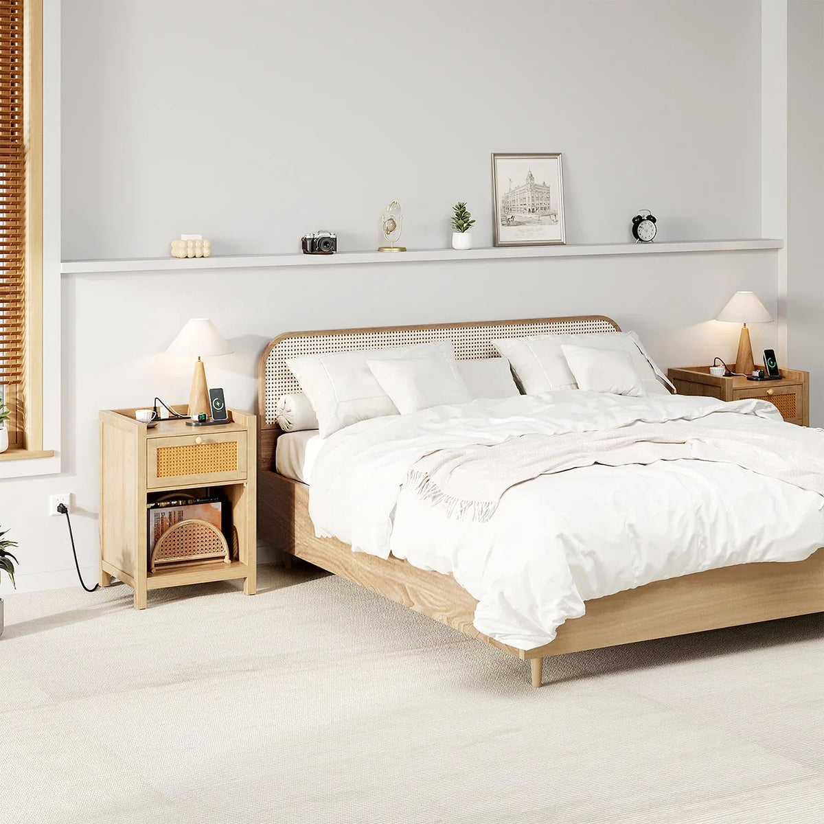 Nouveauté 2026 – Ensemble de 2 tables de chevet LGHM avec station de charge, style campagnard, avec tiroir, style bohème, pour chambre ou salon, en chêne