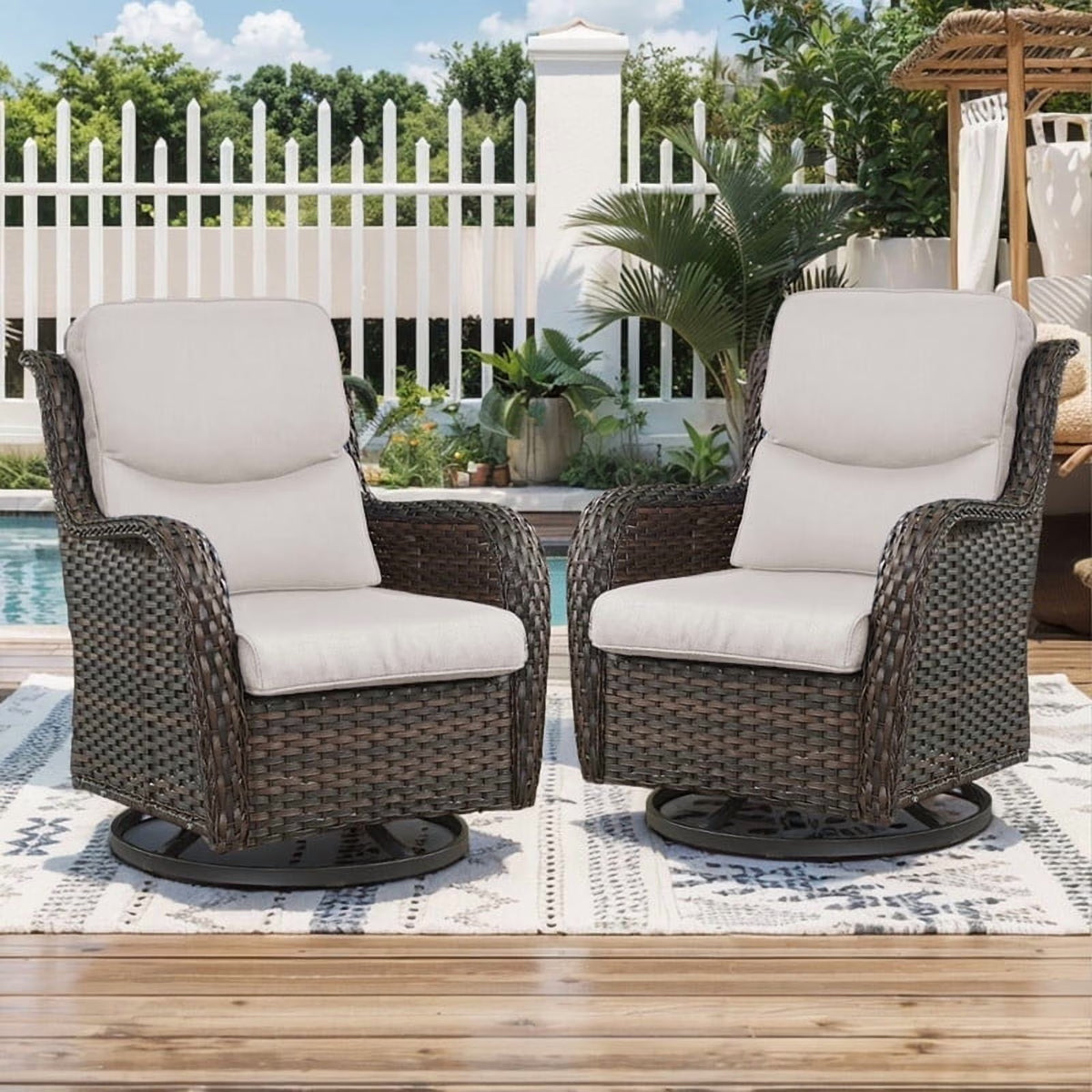 Nouveauté 2026 – POCASSY Fauteuils pivotants de patio, fauteuils à bascule pivotants d'extérieur en osier avec dossier haut et coussins épais pour véranda ou terrasse - Lot de 2, beige