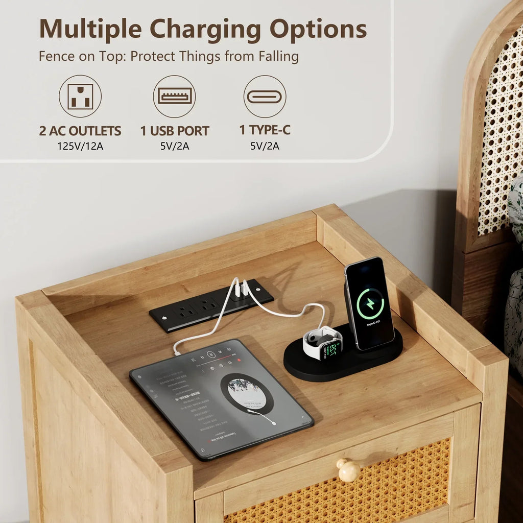 Nouveauté 2026 – Ensemble de 2 tables de chevet LGHM avec station de charge, style campagnard, avec tiroir, style bohème, pour chambre ou salon, en chêne