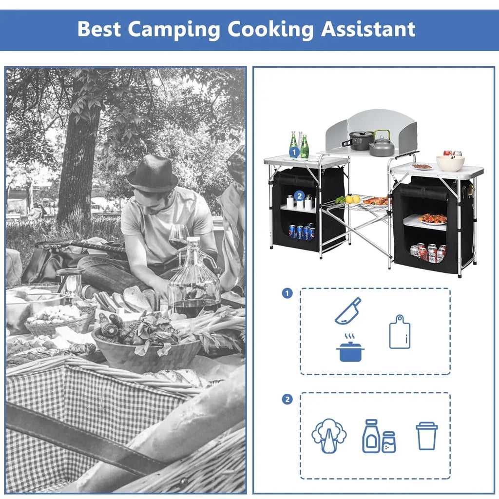 Nouveauté 2026 – Table de barbecue pliante et portable en aluminium Goplus avec rangement et pare-vent, noire