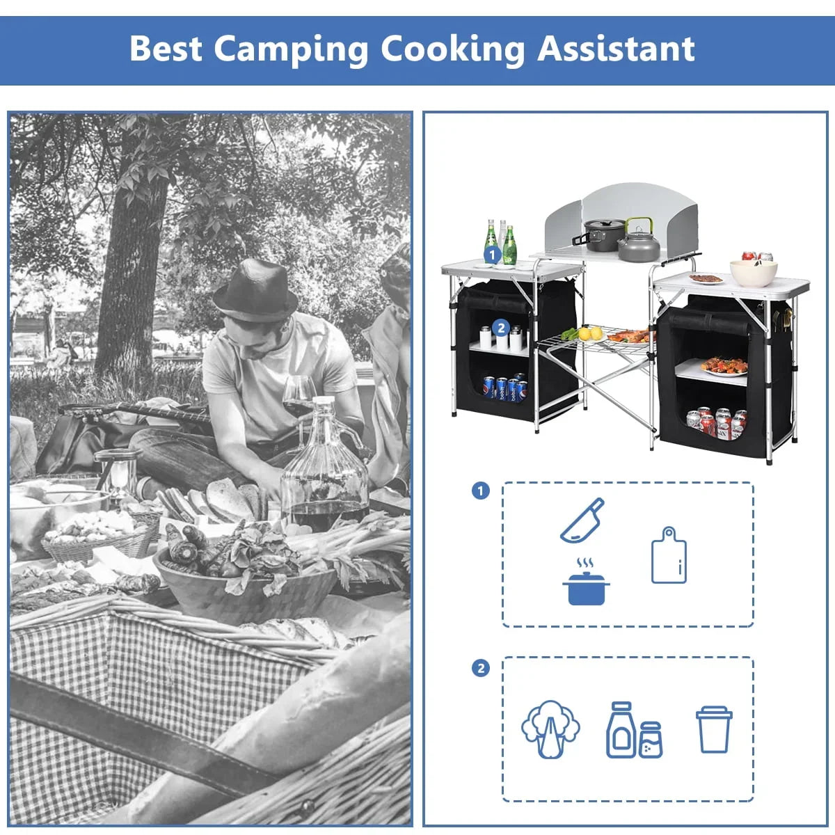 Nouveauté 2026 – Table de barbecue pliante et portable en aluminium Goplus avec rangement et pare-vent, noire