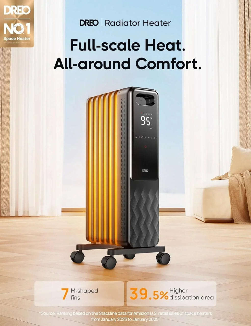 Nouveauté 2026 – Radiateur à bain d'huile Dreo , chauffage électrique radiant pour une utilisation intérieure dans de grandes pièces, avec télécommande, sécurité enfant, 4 modes, protection contre la surchauffe et le basculement, minuterie 24 h, ther