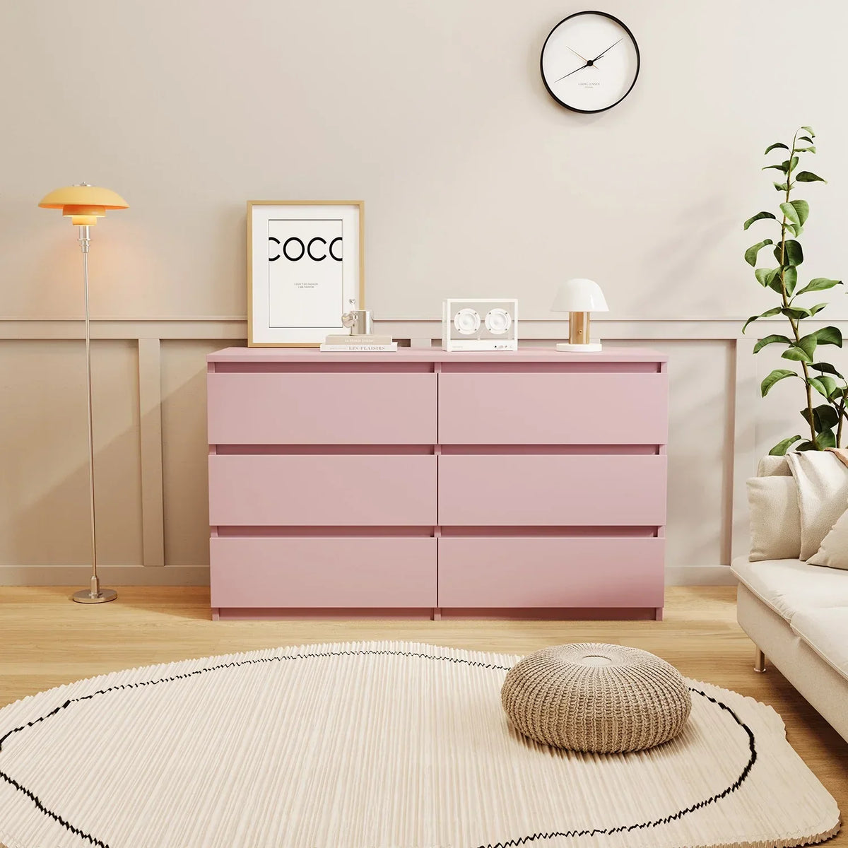 Nouveauté 2026 – Commode Resenkos moderne style milieu du siècle, 6 tiroirs, large, pour chambre à coucher, grise