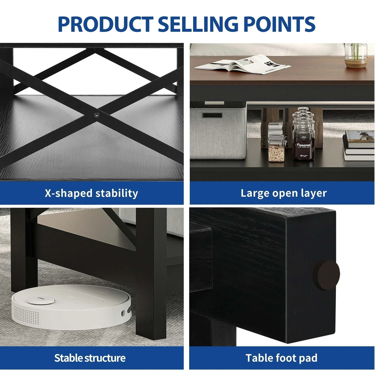 Nouveauté 2026 – Table basse Moasis Farmhouse avec rangement, table centrale à 2 niveaux pour salon, plateau gris délavé et blanc