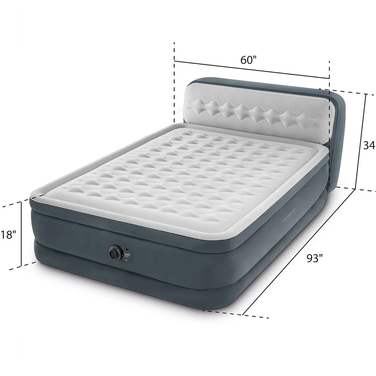 Nouveauté 2026 – D'Intex : Dura-Beam Deluxe : Matelas gonflable avec tête de lit ultra moelleuse - Queen - Gris, matelas gonflable de 45 cm, pompe intégrée, technologie Fiber-Tech, sac de transport, capacité de charge de 272 kg (64447ED