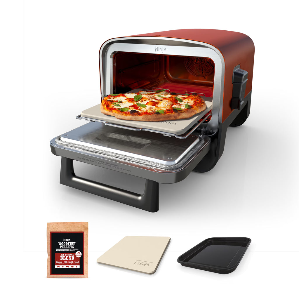 Nouveauté 2026 – Four à pizza à bois Ninja , four extérieur 8 en 1, 5 réglages de cuisson, technologie Ninja Woodfire, température jusqu'à 370 °C, fumoir, électrique