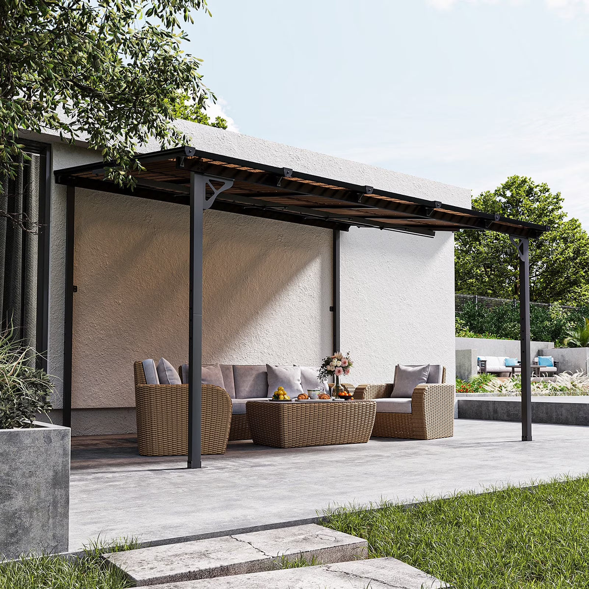 Nouveauté 2026 – Gazebo Aoxun de 2,4 m x 1,5 m pour patio, pergola avec toit incliné, grand auvent mural robuste pour barbecue, idéal pour jardin, terrasse ou patio