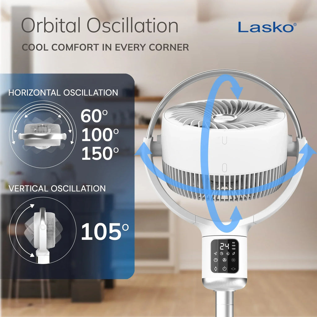 Nouveauté 2026 – Ventilateur sur pied Lasko Whirlwind 7" à 24 vitesses, mouvement orbital, débit d'air de 25 pi/s, télécommande, APDC301