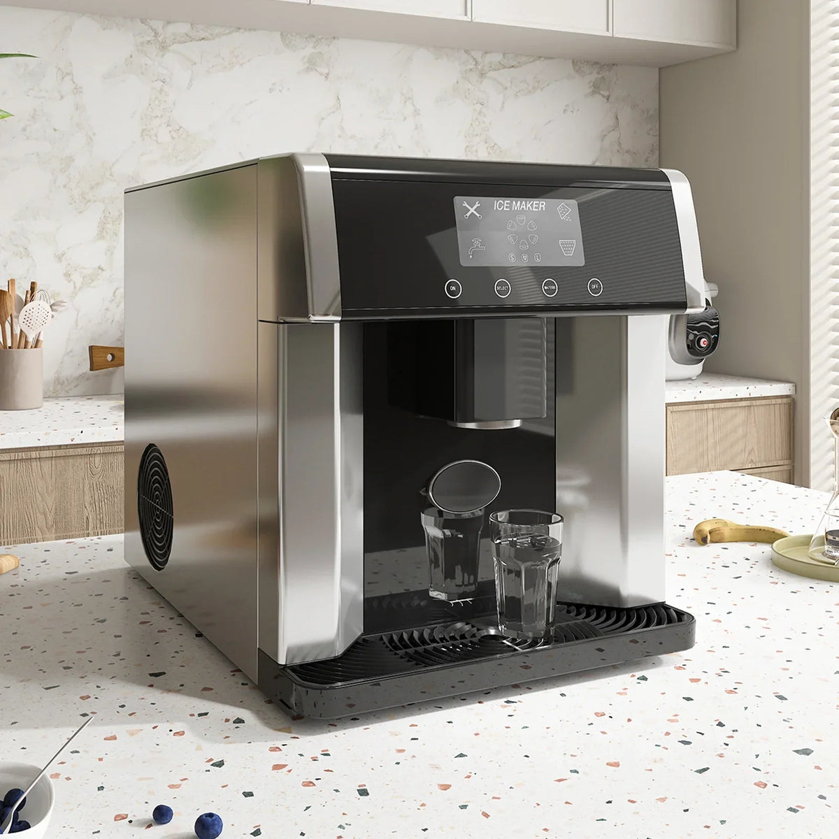 Nouveauté 2026 – Machine à glaçons TABU 3 en 1 avec distributeur d'eau, 18 kg/24 h, fonction glace pilée, autonettoyante, noire