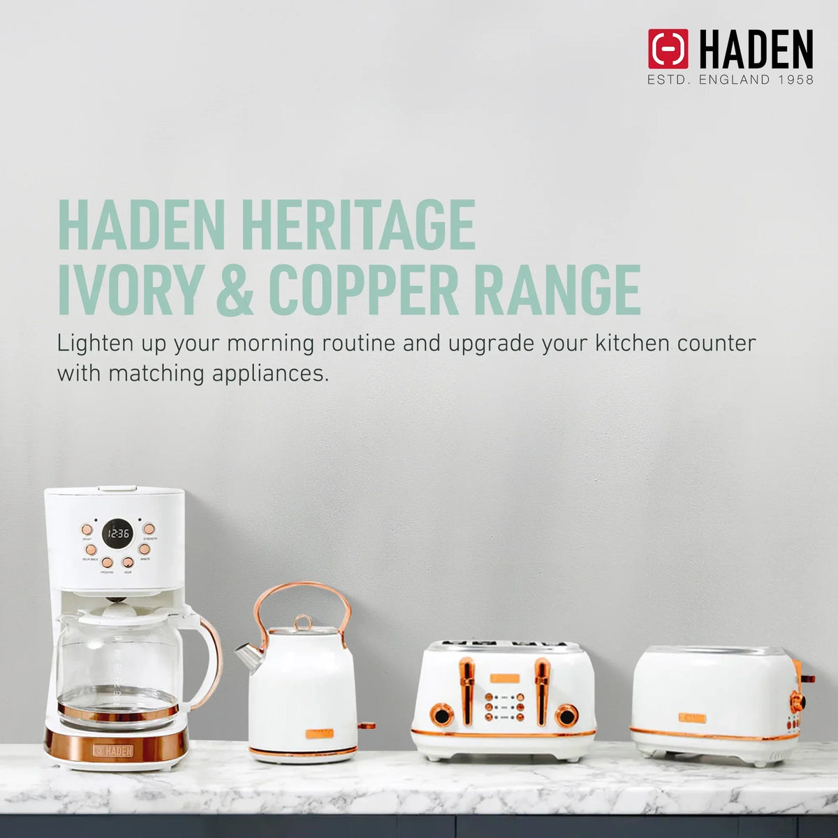 Nouveauté 2026 – Bouilloire électrique Haden Heritage 1500 1,7 W , finition noir mat avec accents cuivrés