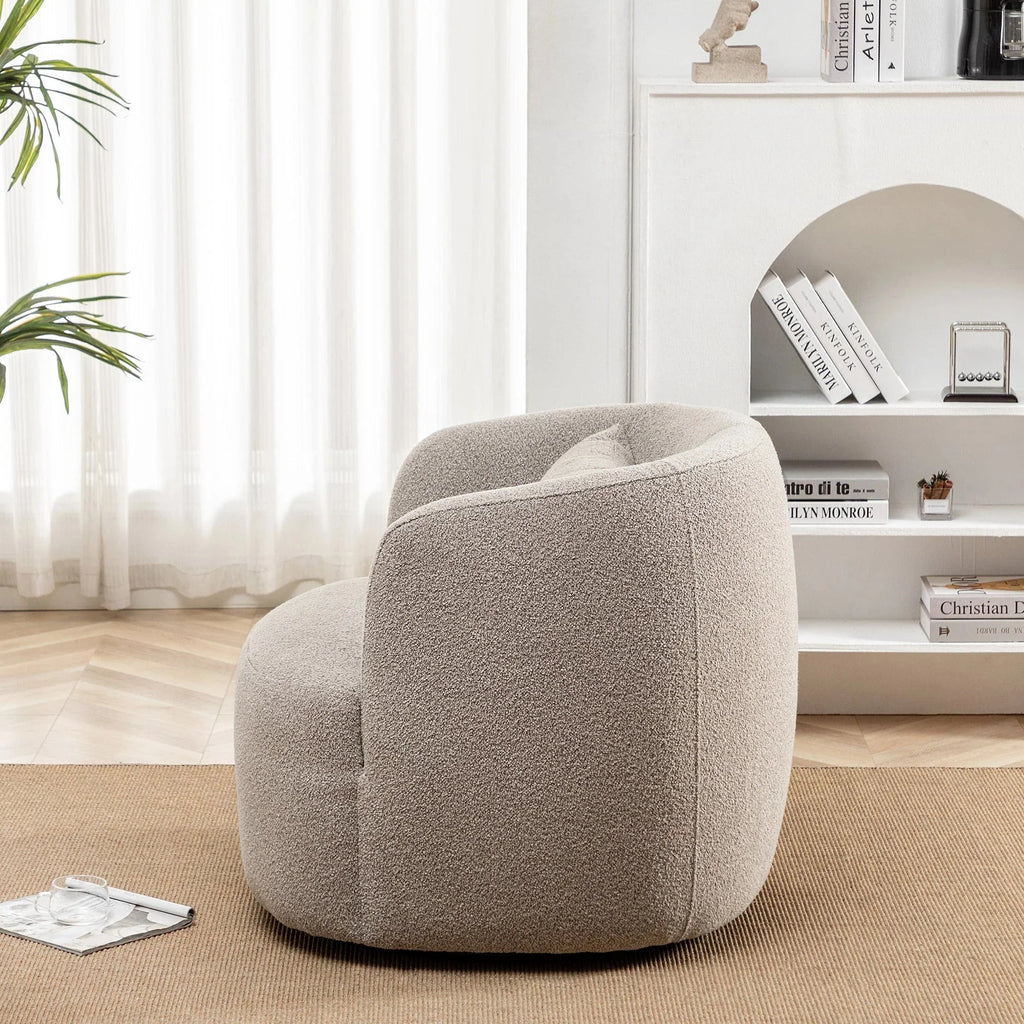 Nouveauté 2026 – Fauteuil pivotant rond 34" en bouclette de 86 cm de large, sans assemblage, avec coussin décoratif, idéal pour le salon et la chambre, couleur taupe