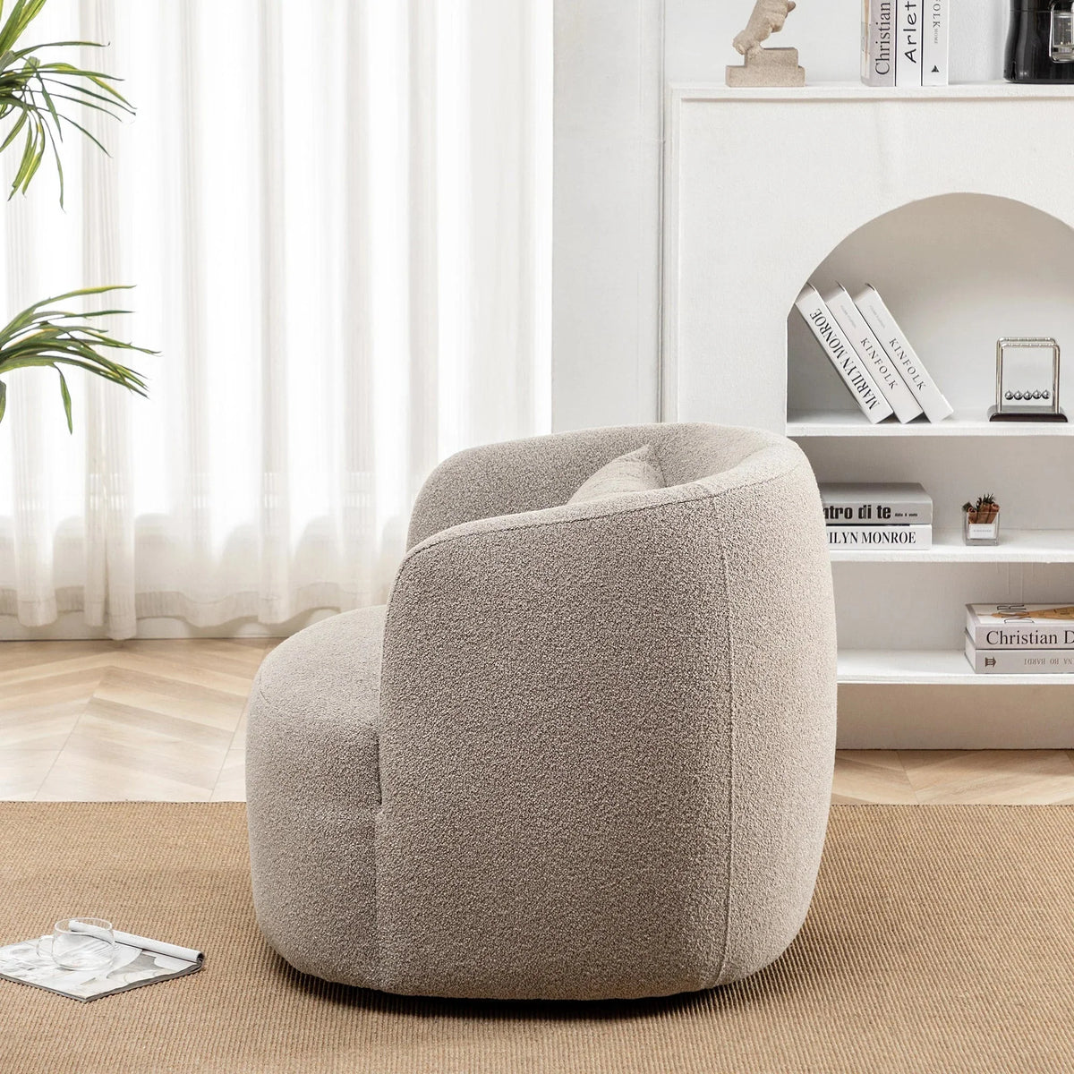 Nouveauté 2026 – Fauteuil pivotant rond 34" en bouclette de 86 cm de large, sans assemblage, avec coussin décoratif, idéal pour le salon et la chambre, couleur taupe