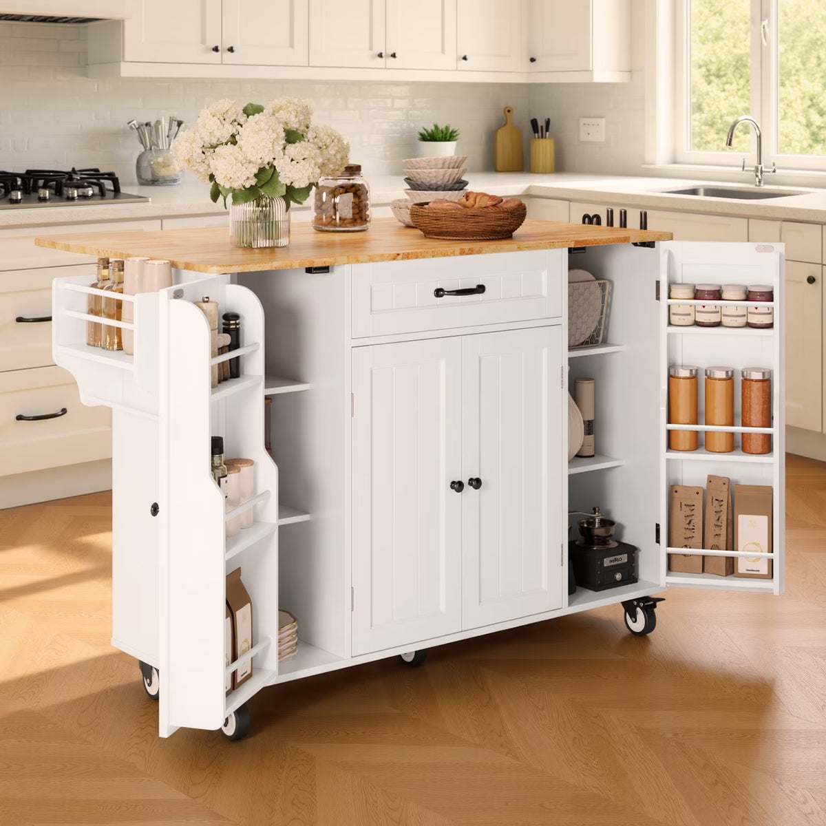 Nouveauté 2026 – Îlot de cuisine Noelse avec rangements, table d'appoint rabattable, porte-épices et porte-serviettes pour petites cuisines, blanc