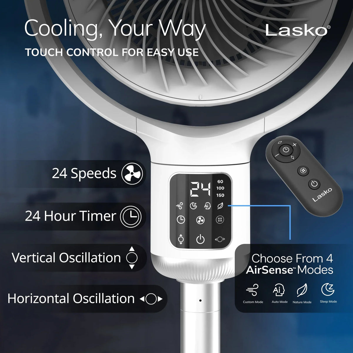 Nouveauté 2026 – Ventilateur sur pied Lasko Whirlwind 7" à 24 vitesses, mouvement orbital, débit d'air de 25 pi/s, télécommande, APDC301