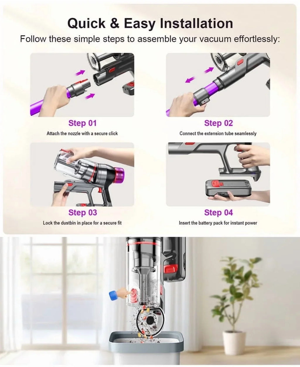 Nouveauté 2026 – Aspirateur sans fil Hosaud - 45 000 Pa, 550 W, 55 min d'autonomie, 2 600 mAh - Léger et idéal pour la maison, les poils d'animaux, les tapis et les sols (violet