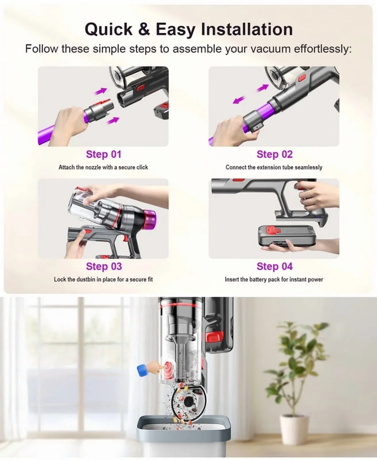 Nouveauté 2026 – Aspirateur sans fil Hosaud - 45 000 Pa, 550 W, 55 min d'autonomie, 2 600 mAh - Léger et idéal pour la maison, les poils d'animaux, les tapis et les sols (violet