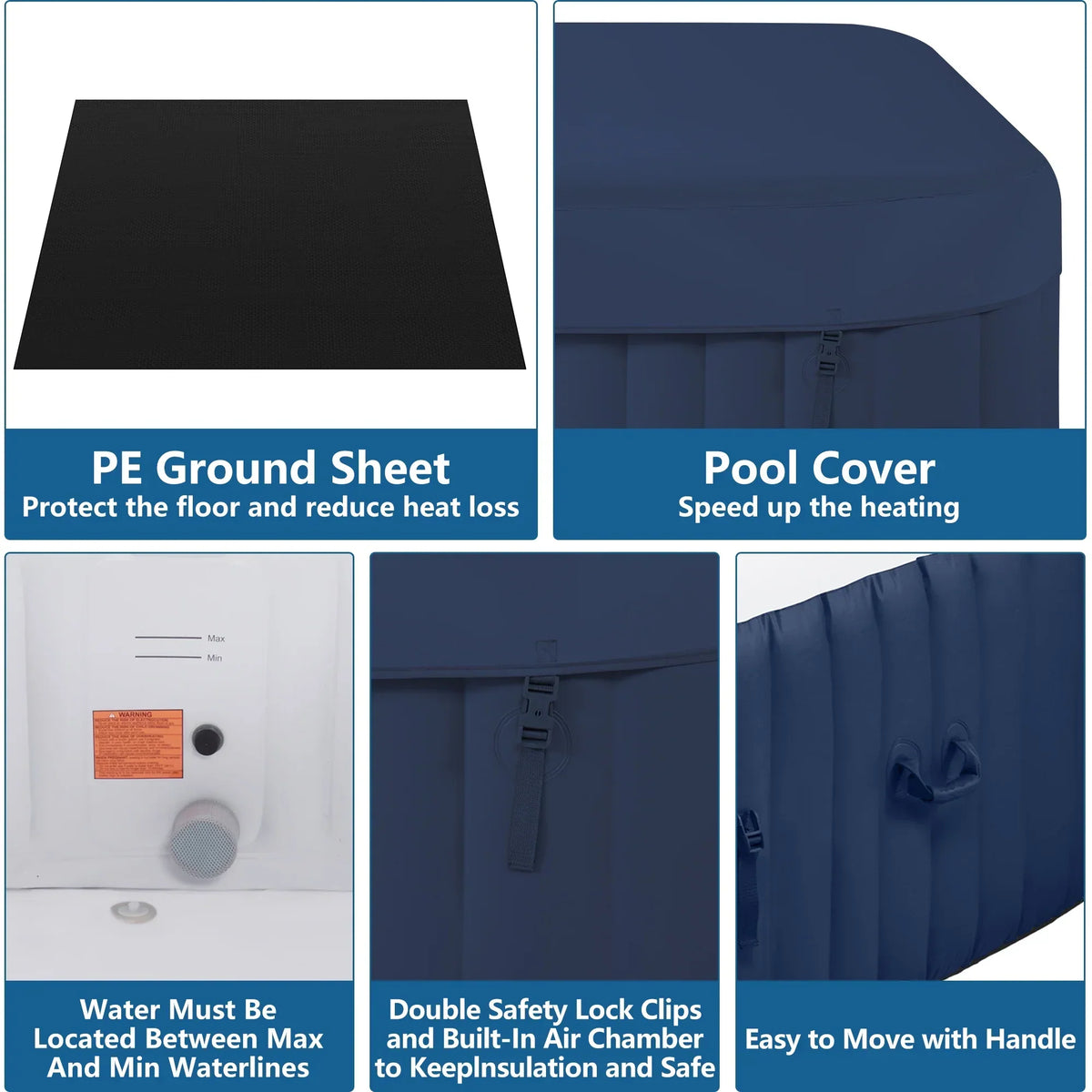 Nouveauté 2026 – Spa gonflable portable d'extérieur , 185 cm (73 pouces), 4 à 6 personnes, avec panneau de commande, 130 jets, couverture isolante et protection de fond, température jusqu'à 40 °C (104 °F), gris