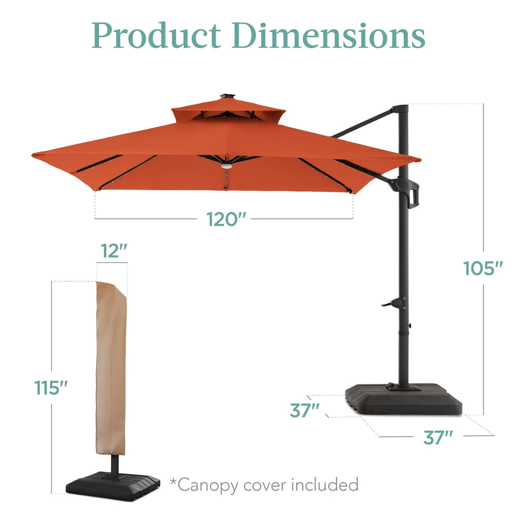 Nouveauté 2026 – Parasol de terrasse carré déporté à deux niveaux, 3 x 3 m, à éclairage solaire LED, avec base incluse (Best Choice Products, ) - Beige