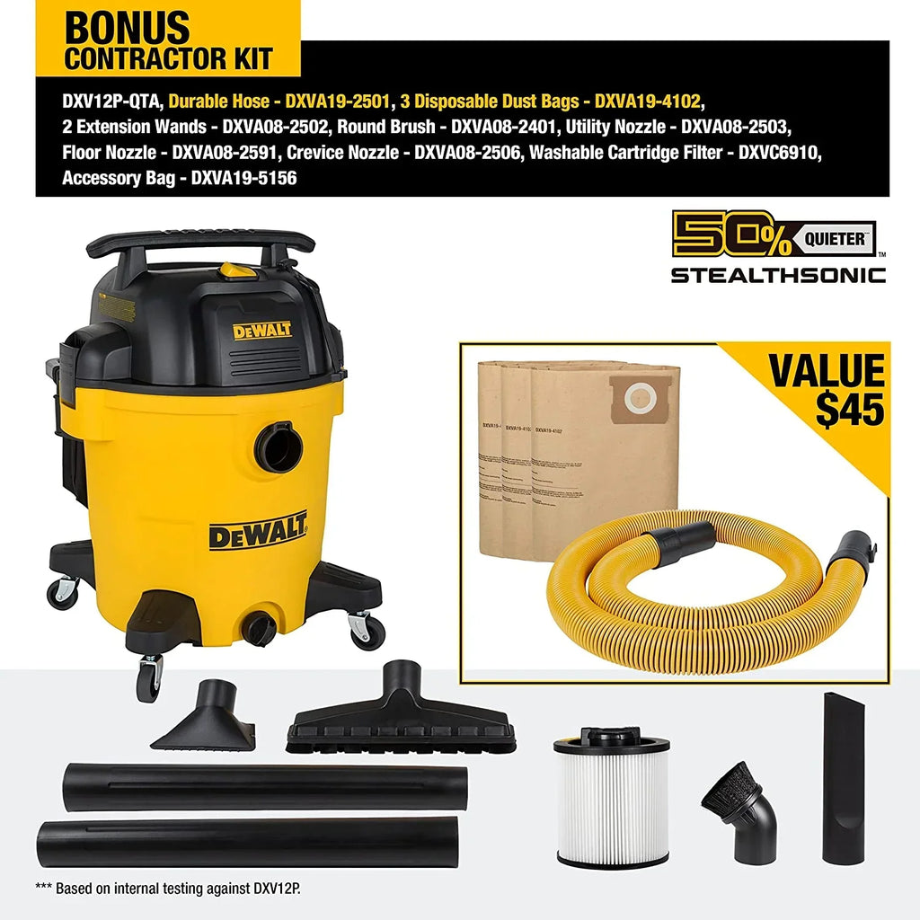 Nouveauté 2026 – Aspirateur eau et poussière DEWALT STEALTHSONIC Ultra Quiet Poly 12 gallons (45 litres), DXV12P-QTA, dernier modèle à réduction de bruit, 5,5 CV (puissance maximale), pour chantier/atelier, réduit le bruit du moteur, jaune