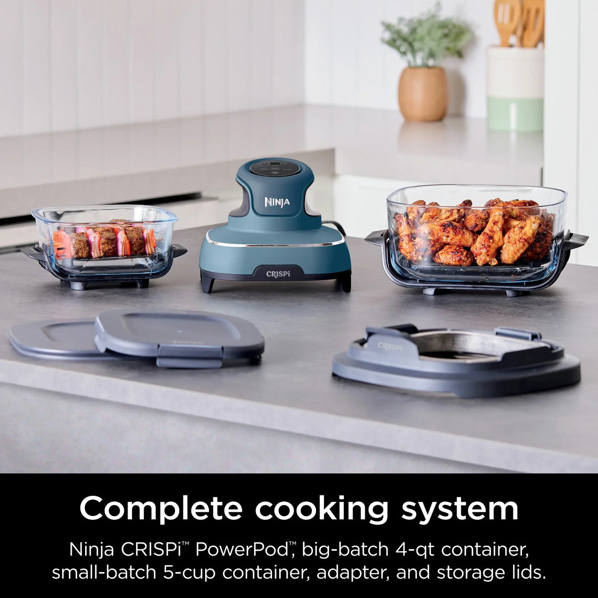 Nouveauté 2026 – Friteuse à air portable 3-en-1 Ninja Crispi , 1500 W, récipients en verre TempWare de 4 L et 5 tasses avec couvercles de conservation, compatible micro-ondes, congélateur et lave-vaisselle, blanc, FN100WH