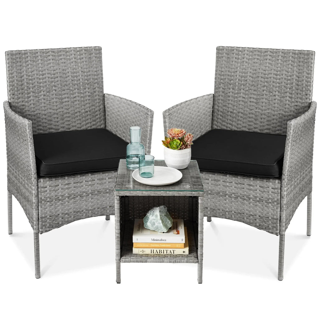 Nouveauté 2026 – Ensemble bistro de jardin 3 pièces en résine tressée Best Choice Products , avec 2 chaises et une table - Gris/Bleu marine