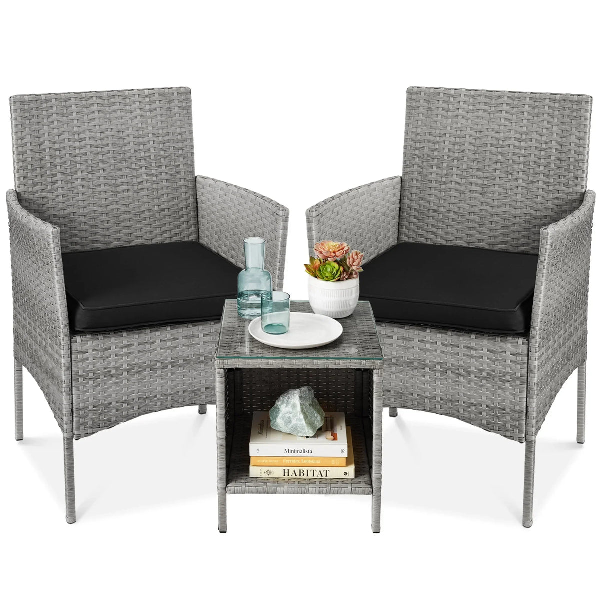 Nouveauté 2026 – Ensemble bistro de jardin 3 pièces en résine tressée Best Choice Products , avec 2 chaises et une table - Gris/Bleu marine
