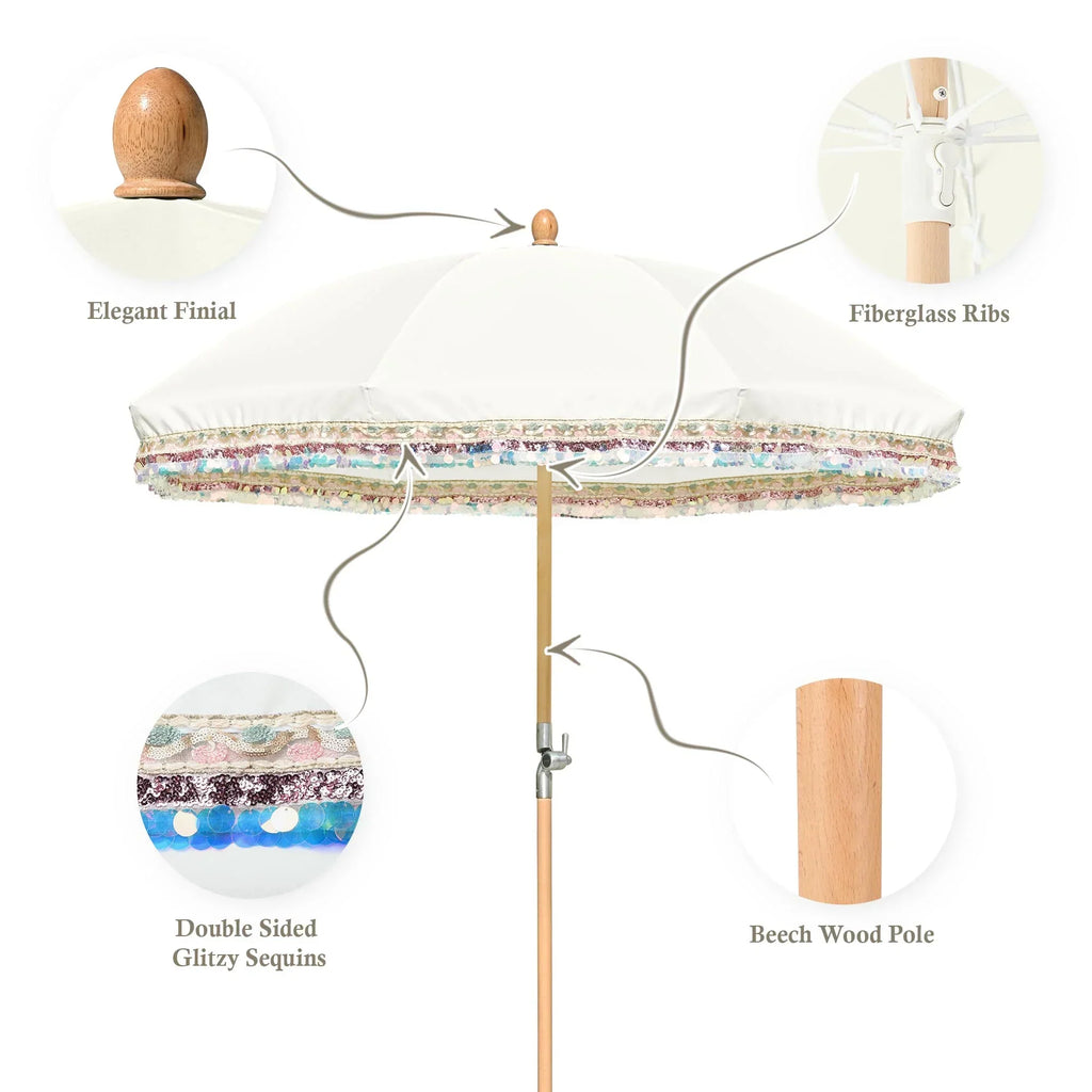 Nouveauté 2026 – Parasol de terrasse LAGarden de 1,8 m à franges et pompon, style Jazz Age, en bois, protection UPF50+, beige avec pompon doré, modèle : JZ6-01