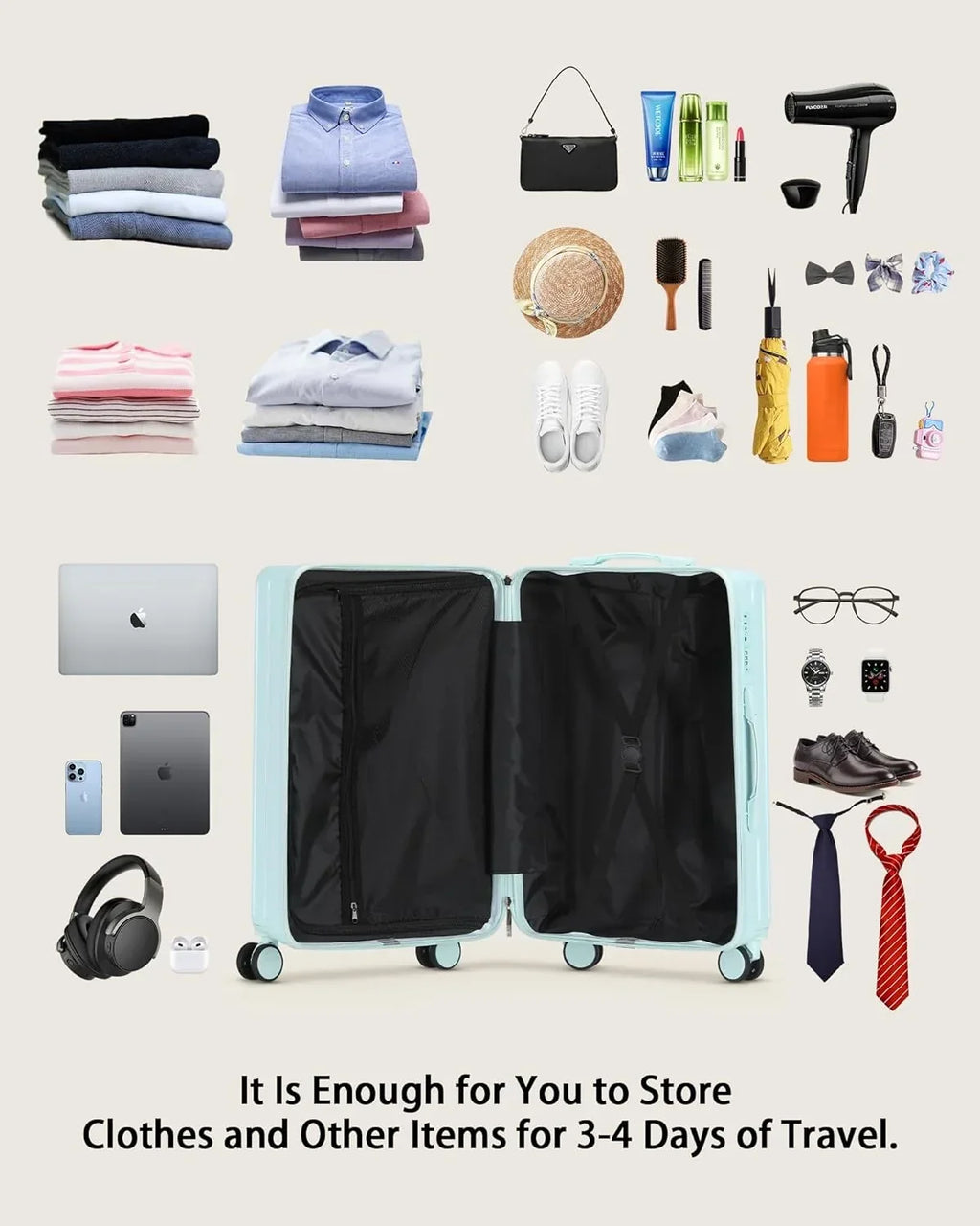 Nouveauté 2026 – Valise cabine 20 de 51 cm (20 pouces) avec porte-gobelet et port USB, approuvée par les compagnies aériennes et verrouillable TSA, légère, en polycarbonate, avec roulettes pivotantes à 360°