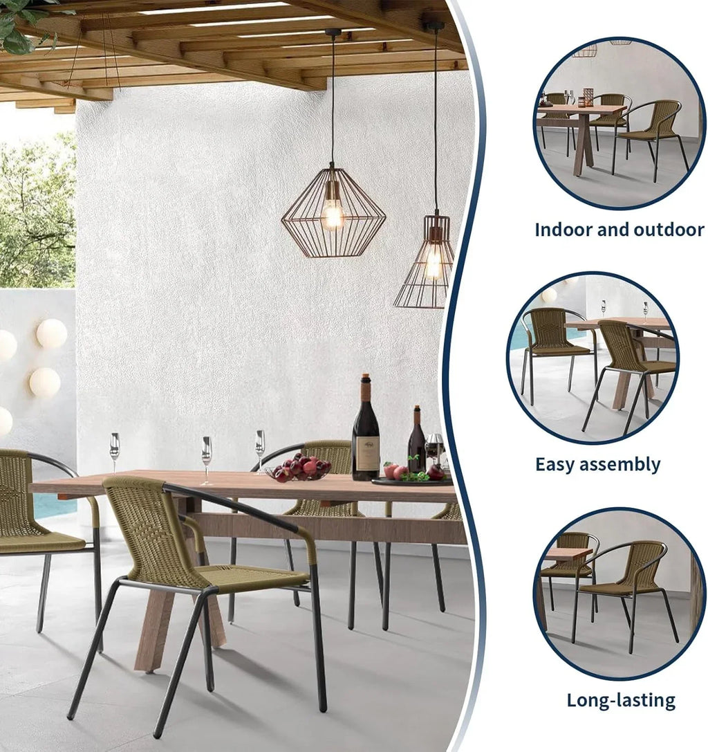 Nouveauté 2026 – Ensemble de 6 chaises de jardin ELPOSUN , chaises de patio en osier avec structure en métal, chaises empilables en rotin pour bistro, terrasse, jardin, porche, restaurant (noir