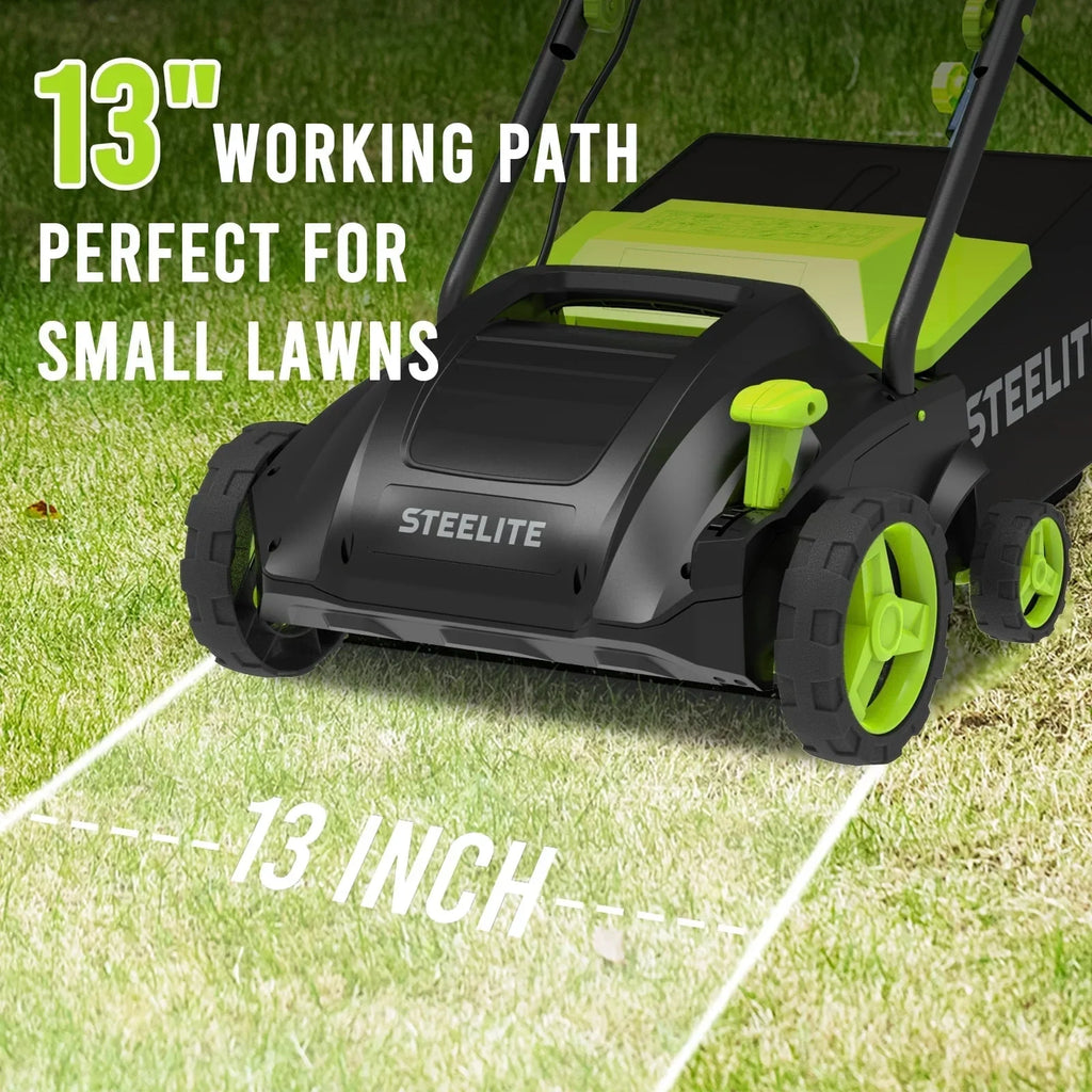 Nouveauté 2026 – Scarificateur et déchaumeur électrique 2 en 1 Steelite , 33 cm (13 pouces), 12 A, avec sac de ramassage amovible de 30 litres (8 gallons), pour pelouse, jardin et cour
