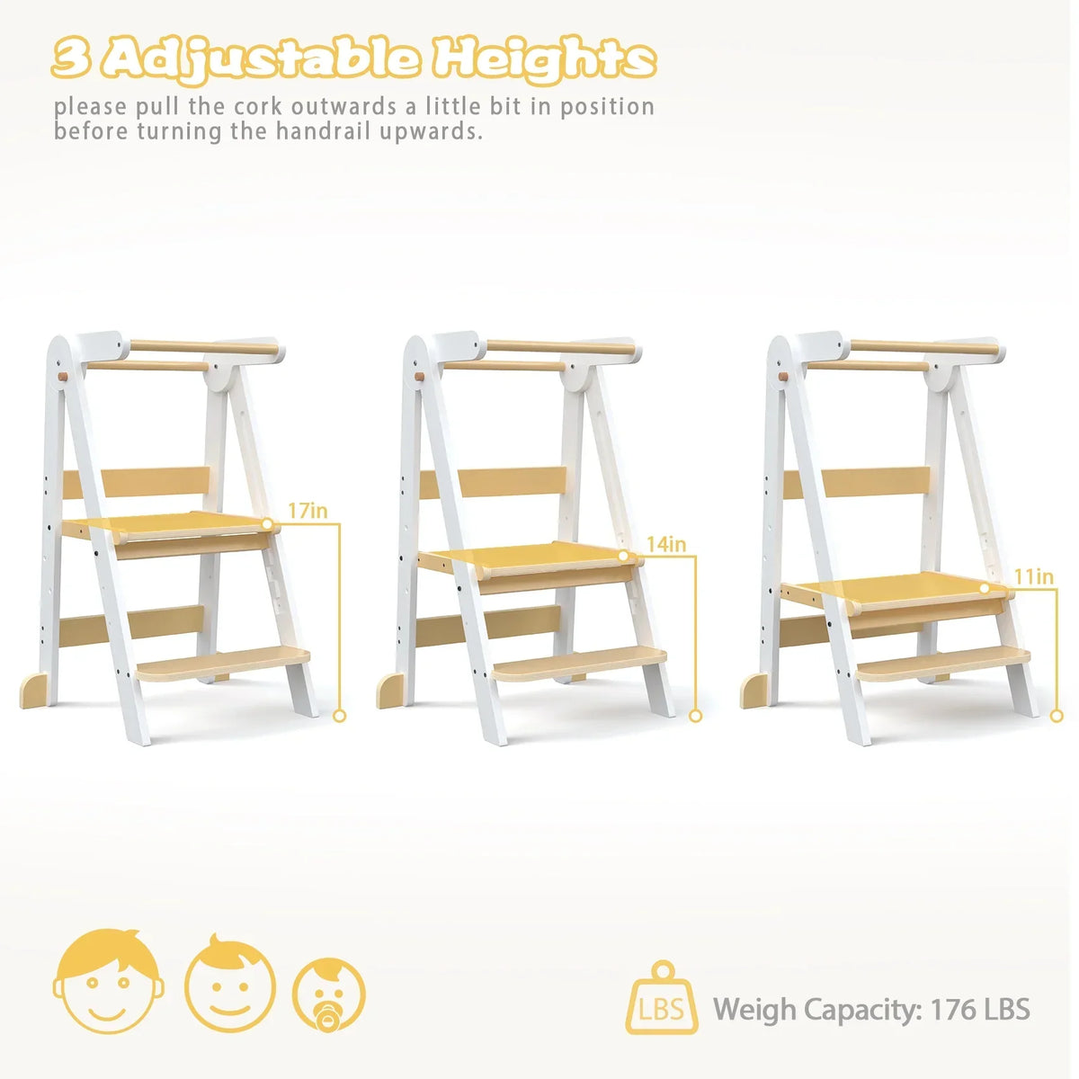 Nouveauté 2026 – Marchepied de cuisine JOZ pour tout-petits, tabouret d'apprentissage Montessori, tour pliable pour le comptoir, aide à la station debout pour les enfants, 3 hauteurs réglables, en bois, blanc