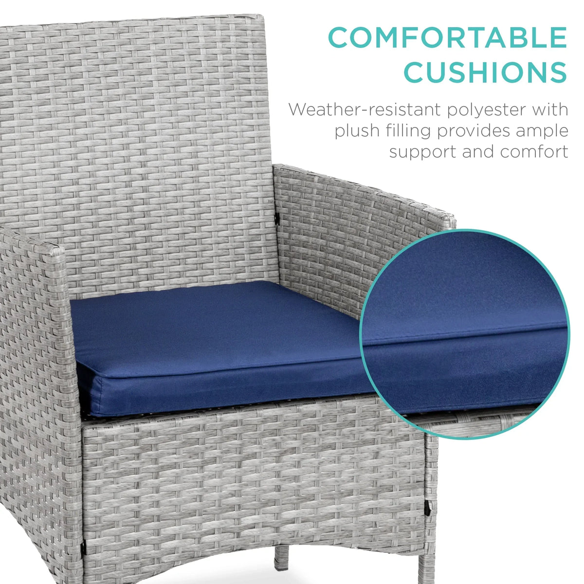 Nouveauté 2026 – Ensemble bistro de jardin 3 pièces en résine tressée Best Choice Products , avec 2 chaises et une table - Gris/Bleu marine