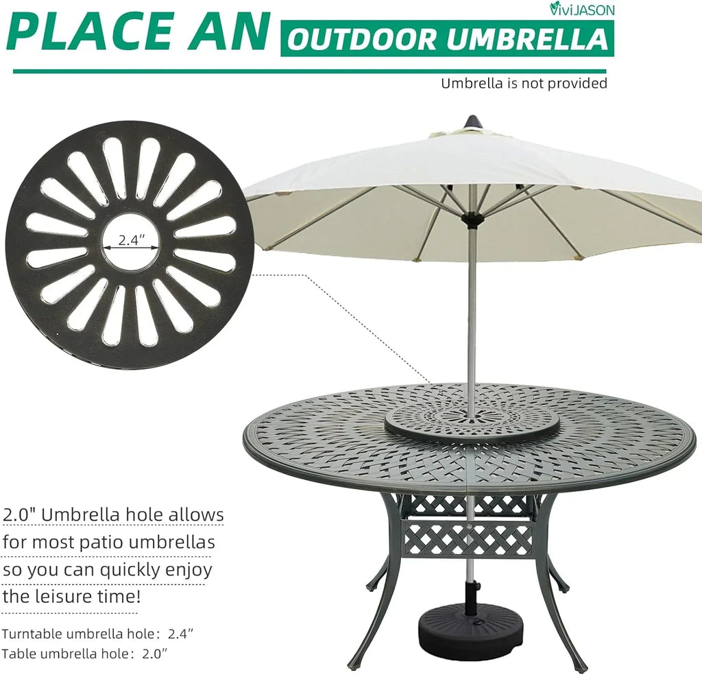 Nouveauté 2026 – Table de salle à manger d'extérieur VIVIJASON , 155 cm (61 po), pour 6 à 8 personnes, grande table ronde avec plateau tournant de 61 cm (24 po), en aluminium moulé bronze foncé au style rustique, avec trou pour parasol, idéale pour b