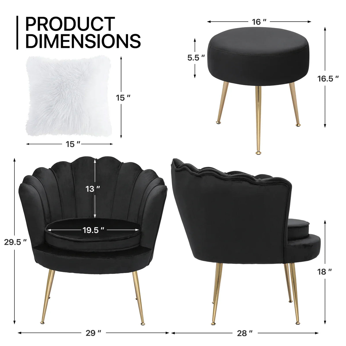 Nouveauté 2026 – Ensemble de 2 fauteuils d'appoint MoNiBloom , capitonnés en velours, avec coussin et repose-pieds. Fauteuil moderne rembourré, assise capitonnée et pieds en métal doré, idéal pour le salon. Couleur : noir