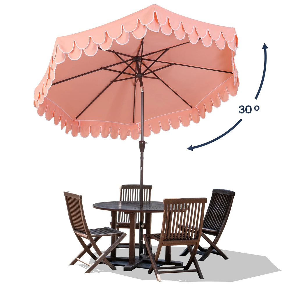 Nouveauté 2026 – Parasol de marché JONATHAN Y Tracy 2,74 m (9 pi), style classique milieu du siècle, franges festonnées, manivelle d'inclinaison automatique, aération et protection UV, rose corail/blanc, mât marron foncé