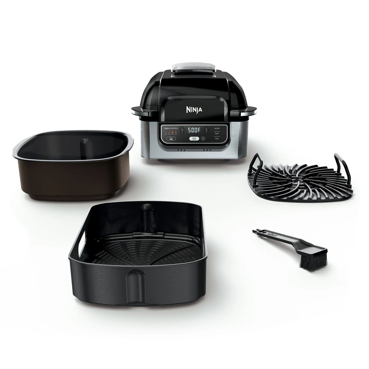 Nouveauté 2026 – Gril d'intérieur 4 en 1 Ninja Foodi avec friteuse à air de 4 pintes, rôtissage, cuisson au four et technologie de grillage cyclonique, noir/inox