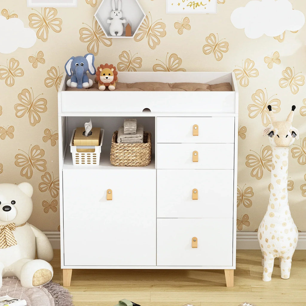Nouveauté 2026 – Table à langer/commode pour chambre de bébé OXYLIFE , 114 cm (45 po), avec 4 tiroirs et une étagère, blanche