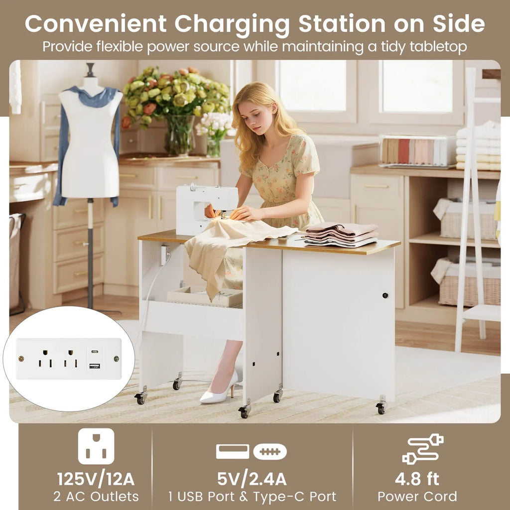Nouveauté 2026 – Table de couture pliante Costway , station de loisirs créatifs roulante avec 3 bacs de rangement et station de charge, blanc et naturel