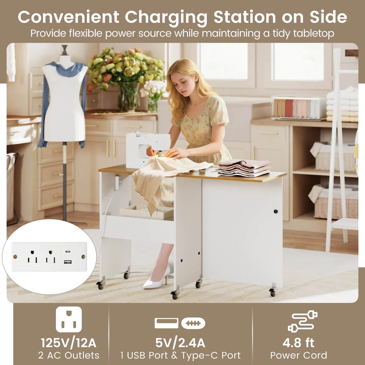 Nouveauté 2026 – Table de couture pliante Costway , station de loisirs créatifs roulante avec 3 bacs de rangement et station de charge, blanc et naturel
