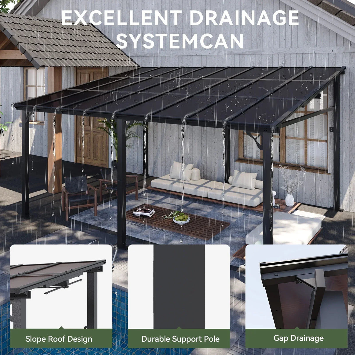 Nouveauté 2026 – Gazebo Aoxun de 2,4 m x 1,5 m pour patio, pergola avec toit incliné, grand auvent mural robuste pour barbecue, idéal pour jardin, terrasse ou patio
