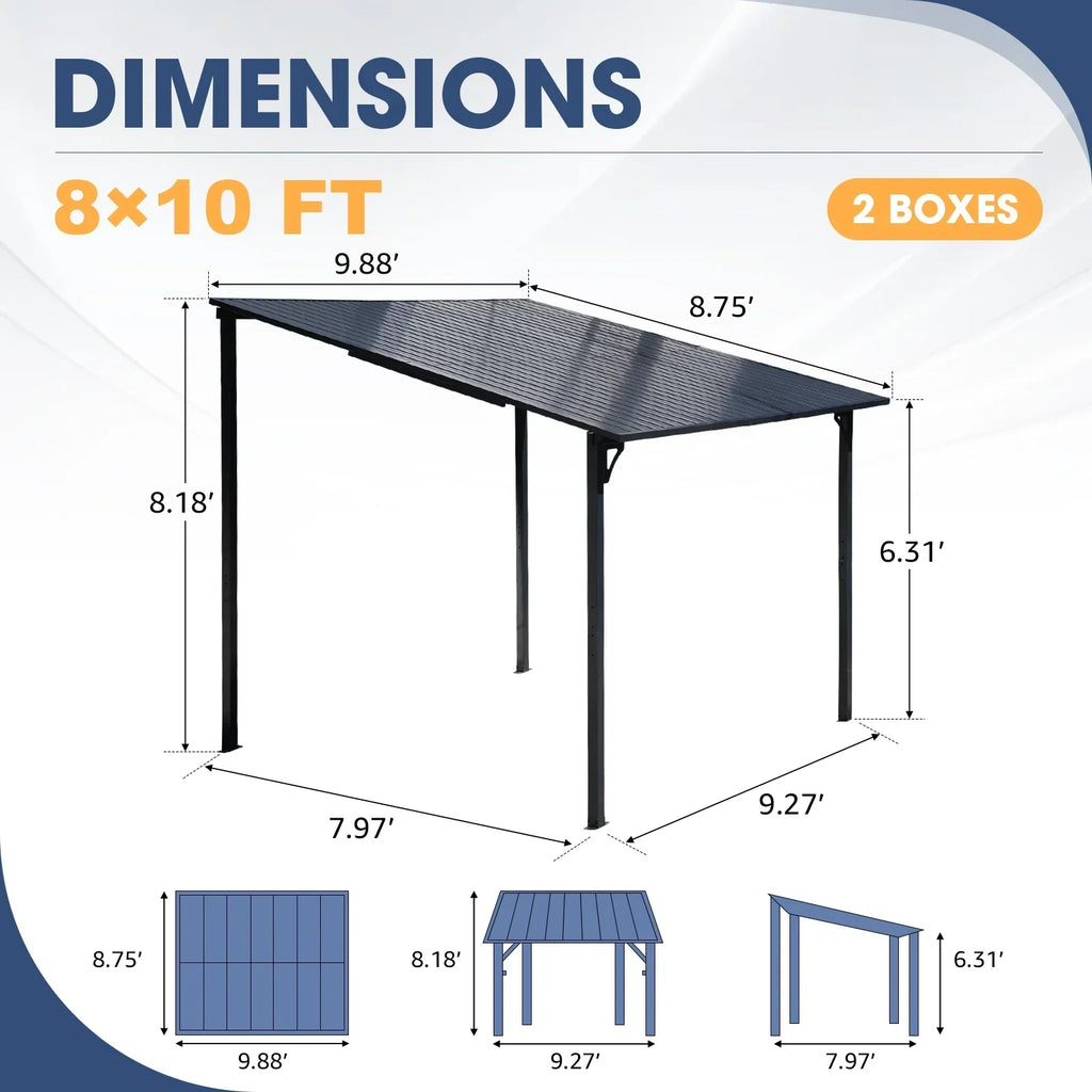 Nouveauté 2026 – Pergola extérieure neuve de 2,44 m x 3,05 m, tonnelle adossée, pergola métallique robuste avec toit rigide, idéale pour patio, jardin, terrasse ou piscine