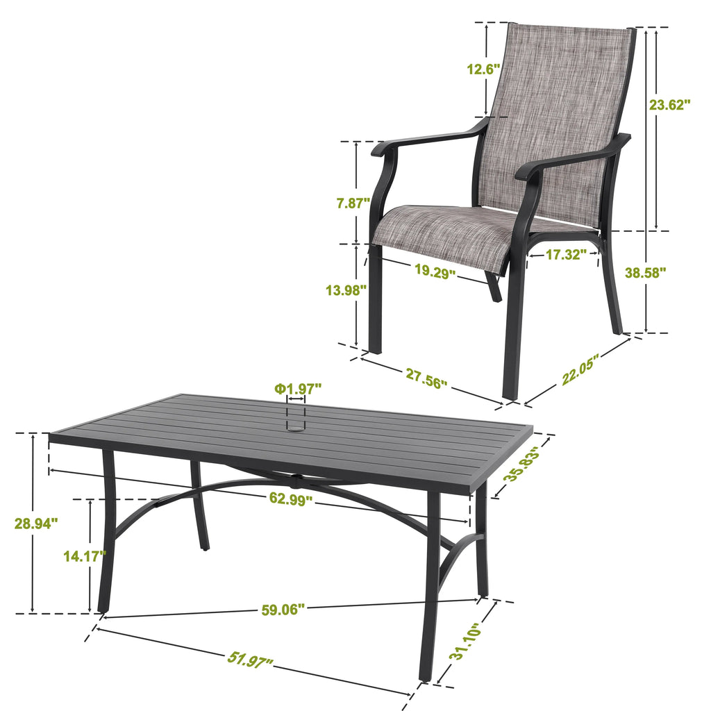 Nouveauté 2026 – Ensemble de salle à manger d'extérieur 7 pièces Nuu Garden , en aluminium résistant à la rouille, comprenant 6 chaises en textilène et une table rectangulaire avec trou pour parasol, couleur brun grisâtre