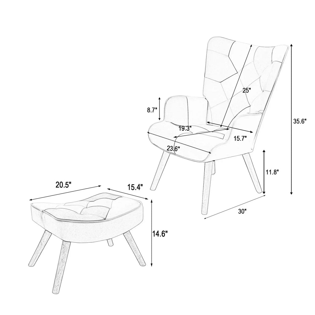 Nouveauté 2026 – Fauteuil d'appoint moderne avec pieds en bois massif et dossier haut à oreilles, ensemble de fauteuil avec repose-pieds, fauteuil confortable pour salon, salle de lecture, chambre, patchwork coloré
