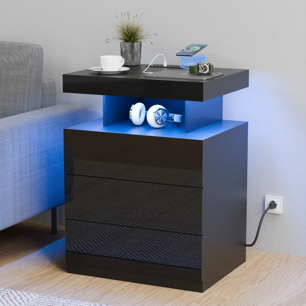 Nouveauté 2026 – Table de chevet LED Hommpa avec station de charge sans fil, ports USB Type-C, 3 tiroirs, finition laquée noire, style moderne et élégant, hauteur 68 cm (26,8 pouces). Idéale pour la chambre à coucher