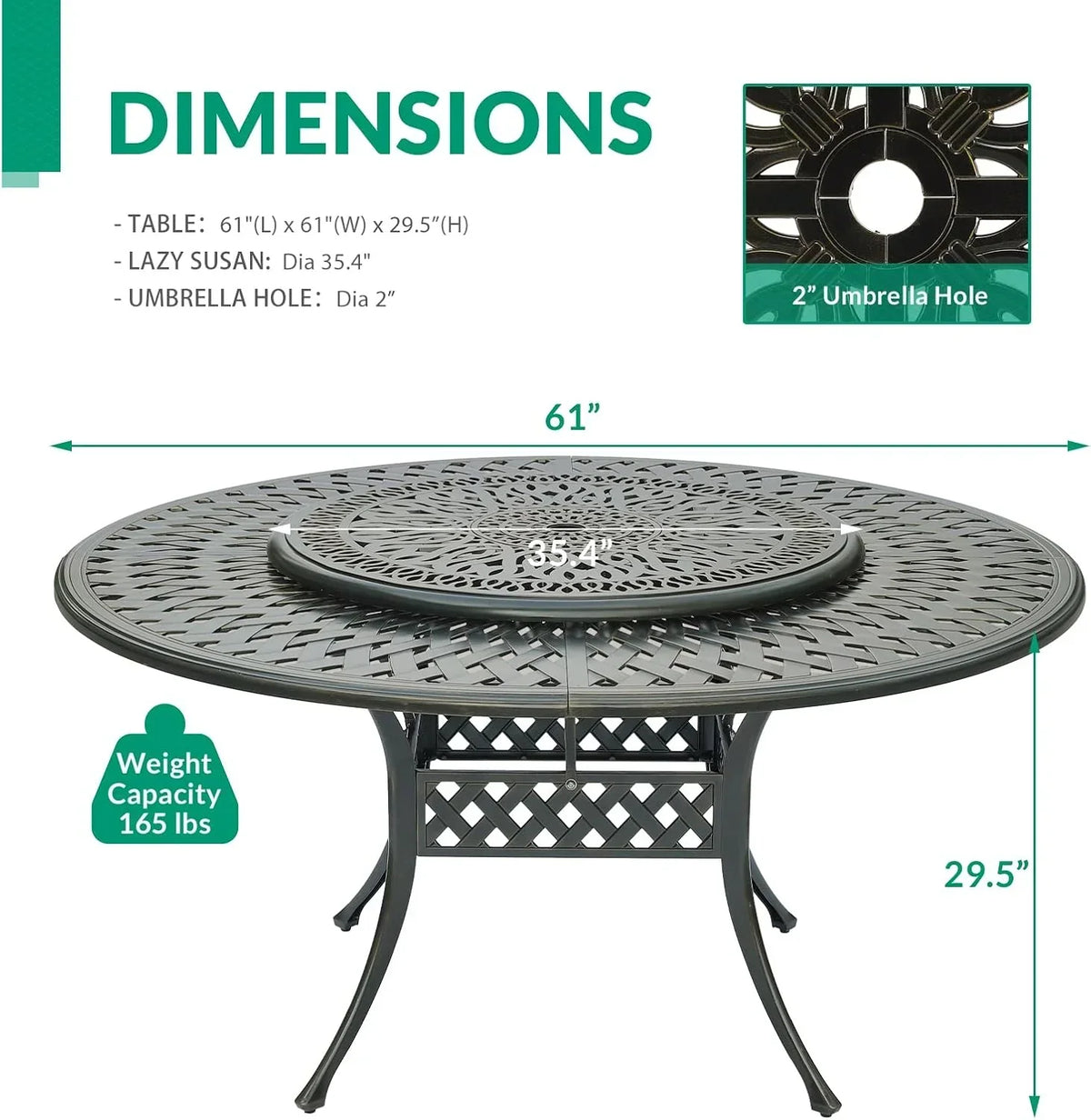 Nouveauté 2026 – Table de salle à manger d'extérieur VIVIJASON , 155 cm (61 po), pour 6 à 8 personnes, grande table ronde avec plateau tournant de 61 cm (24 po), en aluminium moulé bronze foncé au style rustique, avec trou pour parasol, idéale pour b
