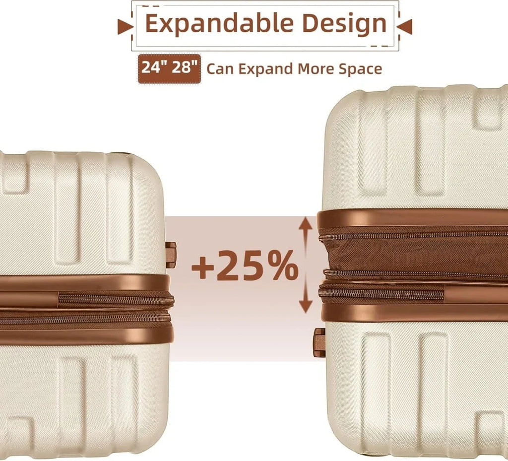 Nouveauté 2026 – Ensemble de 6 valises rigides comprenant des valises extensibles à roulettes pivotantes avec serrure TSA, 25 % de capacité supplémentaire, un sac de voyage et une trousse de toilette, valises en ABS crème