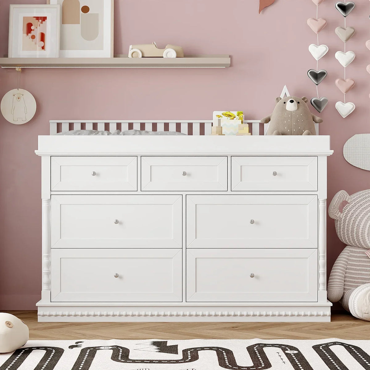 Nouveauté 2026 – Table à langer/commode pour chambre de bébé OXYLIFE , 114 cm (45 po), avec 4 tiroirs et une étagère, blanche