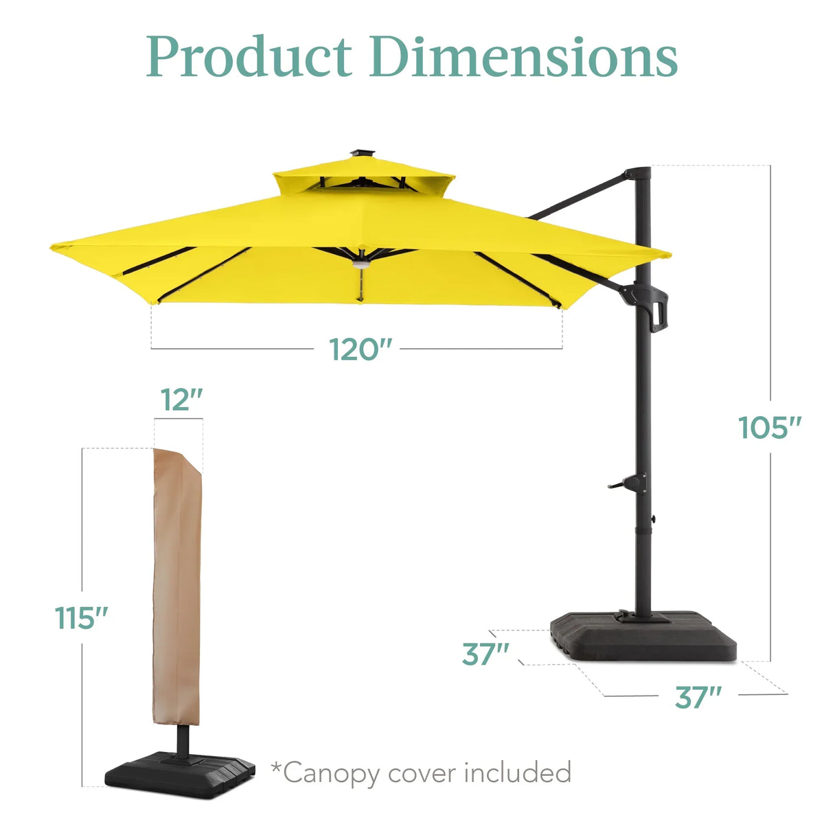 Nouveauté 2026 – Parasol de terrasse carré déporté à deux niveaux, 3 x 3 m, à éclairage solaire LED, avec base incluse (Best Choice Products, ) - Beige