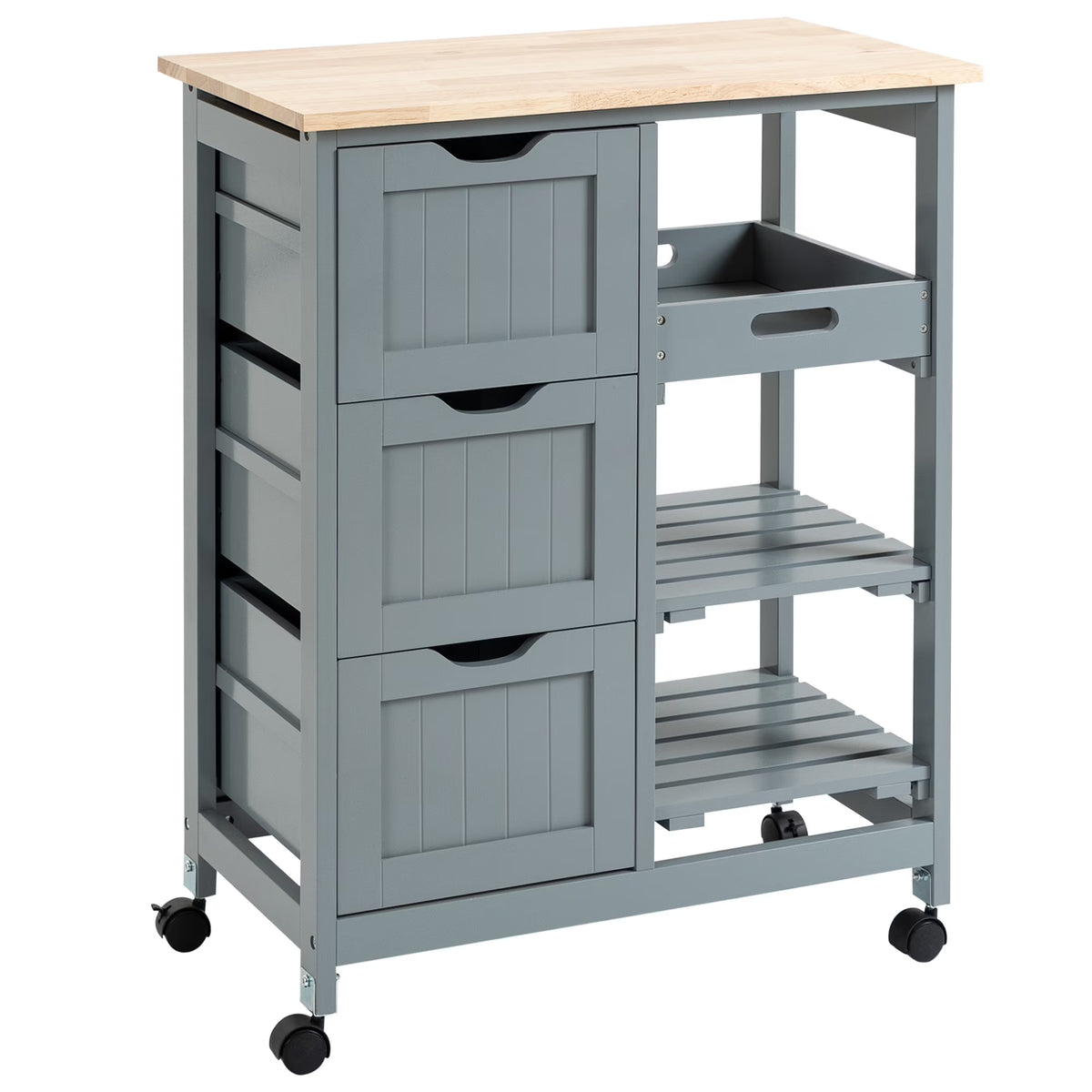 Nouveauté 2026 – Îlot de cuisine roulant HOMCOM , chariot de service de bar, chariot compact sur roulettes avec plateau en bois, étagères et tiroirs pour salle à manger, gris