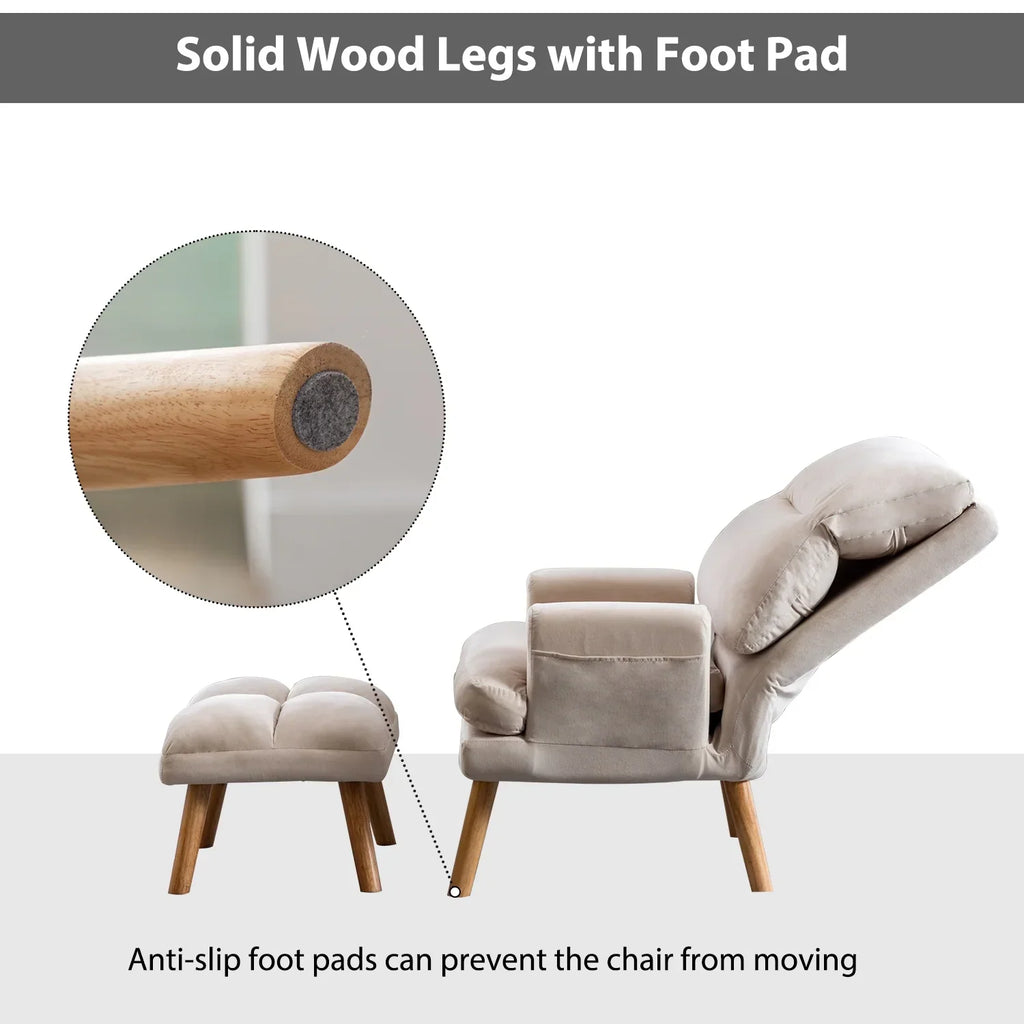 Nouveauté 2026 – Fauteuil d'appoint réglable Betier avec repose-pieds, fauteuil en velours pour chambre ou salon, fauteuil lounge confortable avec dossier rembourré et poche latérale, fauteuil de lecture moelleux, beige